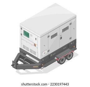 silent power mobile generators engine motor isometric for industry and construction equipment in white isolated