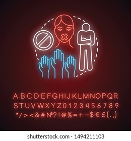 Silent protest neon light concept icon. Nonviolent resistance idea. Glowing sign with alphabet, numbers and symbols. Raised hands, stop sign, protester with taped mouth vector isolated illustration