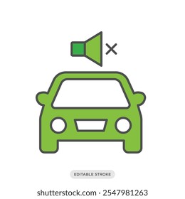 Silent ride green color icon, a car with a mute speaker icon, electric vehicle, environment, nature symbol on white background - vector illustration