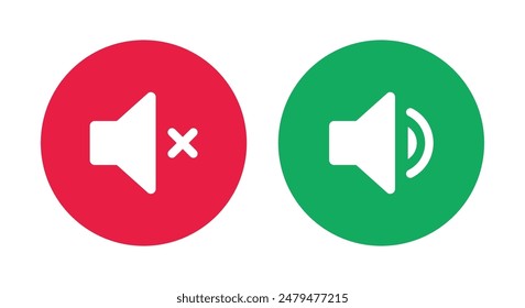 Silent, Ring and Loudspeaker icon set in green and red color in circle vector illustration. Sound and silent speaker icon set. Mute and loudspeaker vector icons.