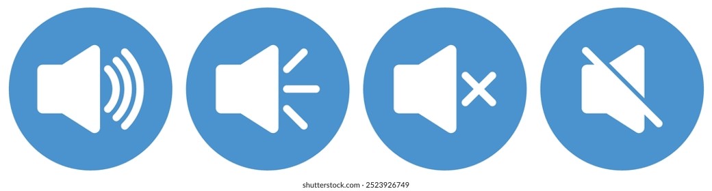 Ícone Silencioso, Anel e Alto-falante definido na cor azul na ilustração vetorial circular. Conjunto de ícones de alto-falante silencioso e som. Ícones vetoriais mudo e alto-falante.