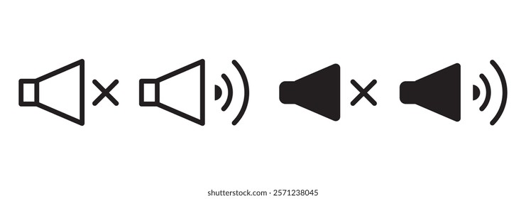 Silent and ring speaker icon set with simple and stroke style in black and white color vector illustration. Speaker icon set. volume icon vector. loudspeaker icon vector. Mute and unmute volume sound.