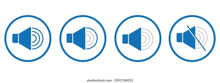 Silent and ring speaker icon set with simple and stroke style in black and blue color. Speaker icon set. volume icon vector. loudspeaker vector. Mute and unmute volume sound. speaker volume icon.