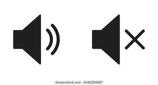 Silent and ring speaker icon set with simple and stroke style in black and white color vector . Speaker icon set. volume icon vector. loudspeaker icon vector. Mute and unmute vector design eps 10