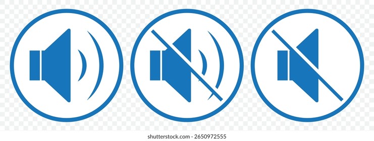 Ícone de alto-falante silencioso e em anel definido com estilo simples e traçado na ilustração de vetor de cor azul. Conjunto de ícones de alto-falante. vetor de ícones de volume. vetor de ícones de alto-falante. Desativar mudo e desativar mudo do som do volume. EPS 10.