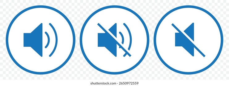 Ícone de alto-falante silencioso e em anel definido com estilo simples e traçado na ilustração de vetor de cor azul. Conjunto de ícones de alto-falante. vetor de ícones de volume. vetor de ícones de alto-falante. Desativar mudo e desativar mudo do som do volume. EPS 10.