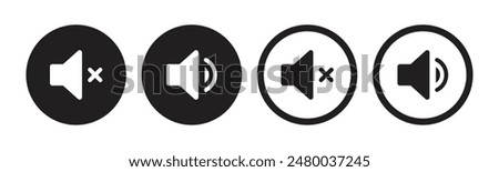 Silent and ring speaker icon set with simple and stroke style in black and white color vector illustration. Speaker icon set. volume icon vector. loudspeaker icon vector. Mute and unmute volume sound.