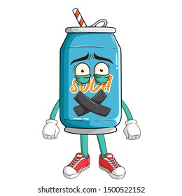 Silent soda can cartoon character with duct tape and funny expression