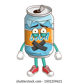 Silent soda can cartoon character with duct tape and funny expression