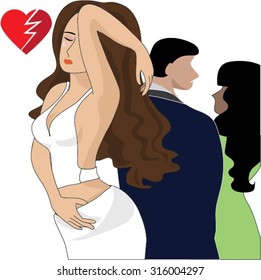 Silent tears rolling down her cheeks, Unfaithful boyfriend concept. Boyfriend is flirting with another girl. Isolated on white background