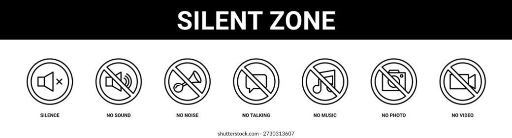 Silent Zone Web-Banner Symbol Set Sammlung solide Stil.