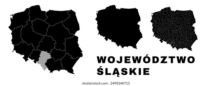 Silesian map, Polish voivodeship. Poland administrative division, provinces, boroughs, and municipalities.