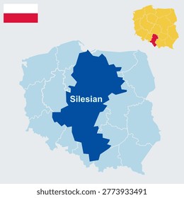 Silesian Poland Map and Flag - Śląskie Voivodeship, Katowice Capital and Blue-Yellow-Blue Tricolor Vector Outline