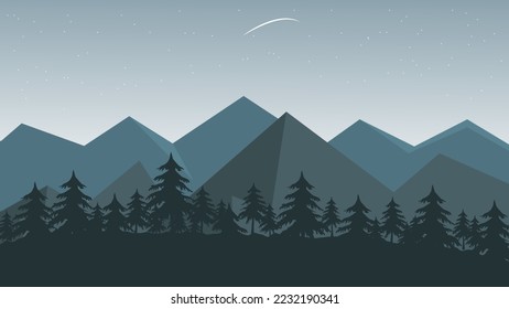 Silheoute Starry Sunset Forest Landscape with Maountains and Pine Trees