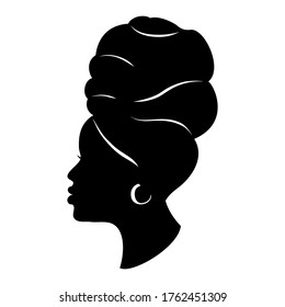 Silhoette of african american woman in a head wrap and with an earring.  Beautiful black girl profile. Vector fashion illustration isolated on white. 