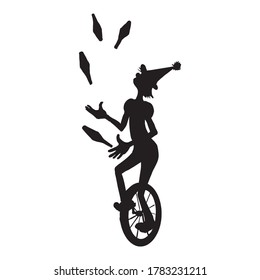 Silhoette of juggler on monobike. vector illustration