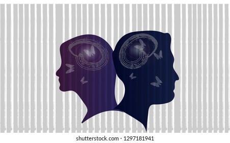 Silhoette woman and man mind. Dual Face  vector .Two overlapping heads as sign for duality and other psychological problems and questions.