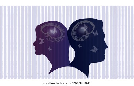 Silhoette woman and man mind. Dual Face  vector .Two overlapping heads as sign for duality and other psychological problems and questions.