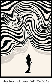 The silhoette of a woman stands below a wavy op art pattern.