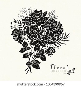 Silhoueete of bouquet with flowers Roses, Hydrangea, leaves and branches. Vector floral illustration on texture background.