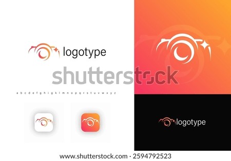 Silhoueete silhouette camera logo with swirl and sparkles, symbolizing creativity, precision, professional photography. Ideal for photography studios, media agencies. Modern vector logo.