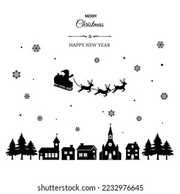 Silhouete Christmas card background. Santa claus riding sleigh with reindeer in the sky full of snowflakes and snow above the town.