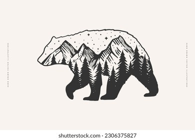 Silhouete image of a walking bear with a forest landscape on the body. Stars over dark forest and mountains. Wildlife and forest symbol on a light background. Vector illustra􀆟on for your design.