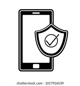 silhouete smartphone technology with shield security icon