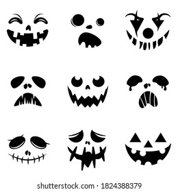 Silhouete Sticker of scary Halloween pumpkin faces for icons set isolated on white background. Hand drawn creepy and funny Jack o lantern, vector illustrations.