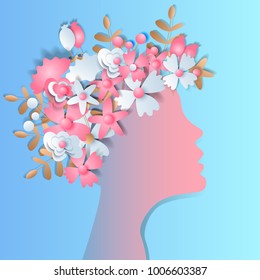 Silhouete of woman with blossom bouquet on the head. Vector illustration in paper cut style ideal for greeting card of international women's day, mother's day, ivitations or poster