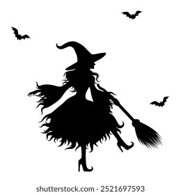 Silhouetee Witch dancing with her broom and three bats. Vector illustration for Halloween.