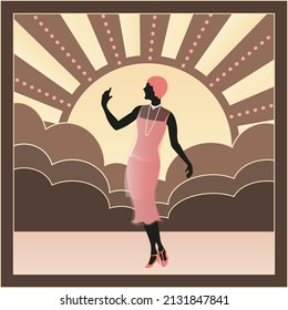 Silhouette of a 1920s flapper girl with art deco themed background