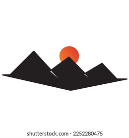 Silhouette of 3 mountain peaks and sun. Abstract mountain range landscape background. Nature illustration vector sunset wallpaper for icon, logo, travel poster, tourism card.