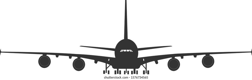 Silhouette of an A 380 passenger plane on a landing gear. Black silhouette of an airplane on a white background. Vector illustration.