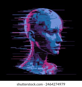 Silhouette of a 3D distorted human head on a dark background. Conceptual image of Virtual reality and Face recognition systems.