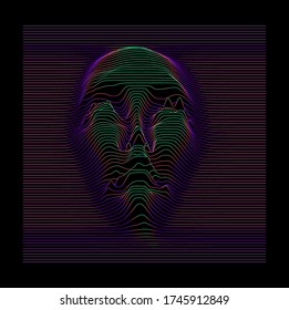 Silhouette of 3d holographic head extruded from lines. Graph made of cuves in form of human face. Futuristic hi-tech style illustration of Artificial intelligence and Robotics concept.