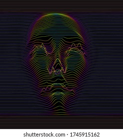 Silhouette of 3d holographic head extruded from lines. Graph made of cuves in form of human face. Futuristic hi-tech style illustration of Artificial intelligence and Robotics concept.