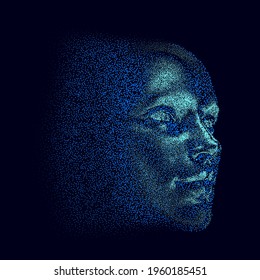 Silhouette of a 3d human head made of dots and particles. Concept of Artificial intelligence and Neural Network.