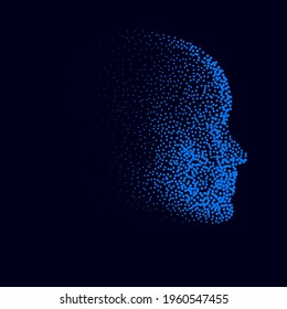 Silhouette of a 3d human head made of dots and particles. Concept of Artificial intelligence and Neural Network.