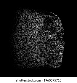 Silhouette of a 3d human head made of dots and particles. Concept of Artificial intelligence and Neural Network.