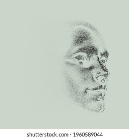 Silhouette of a 3d human head made of dots and particles. Concept of Artificial intelligence and Neural Network.