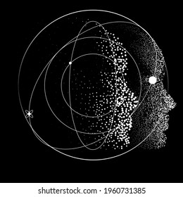 Silhouette of a 3d human head made of dots and particles. Concept of Artificial intelligence and Neural Network.