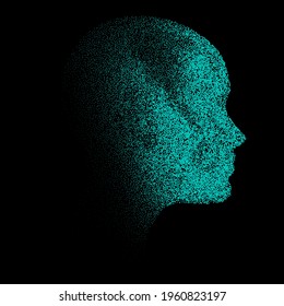 Silhouette of a 3d human head made of dots and particles. Concept of Artificial intelligence and Neural Network.