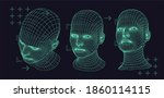 Silhouette of 3d low poly human head. Illustration in retrofuturistic style of 80's-90's years, vaporwave and synthwave bold brutal aesthetics.