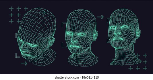 Silhouette of 3d low poly human head. Illustration in retrofuturistic style of 80's-90's years, vaporwave and synthwave bold brutal aesthetics.