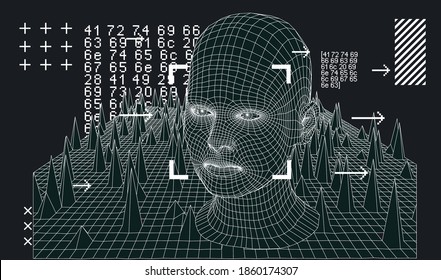 Silhouette of 3d low poly human head. Illustration in retrofuturistic style of 80's-90's years, vaporwave and synthwave bold brutal aesthetics.