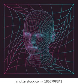 Silhouette of 3d low poly human head. Illustration in retrofuturistic style of 80's-90's years, vaporwave and synthwave bold brutal aesthetics.