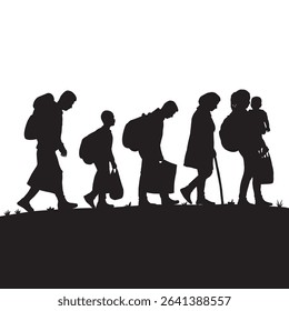 silhouette of 6 refugees walking from the side