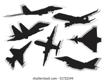 Silhouette of 7 powerful airplanes.