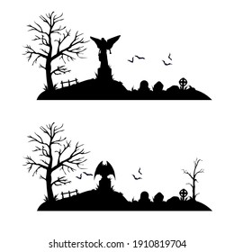 Silhouette of an abandoned scary cemetery with graves, a statue of a demon and an angel on a white background. Vector illustration.